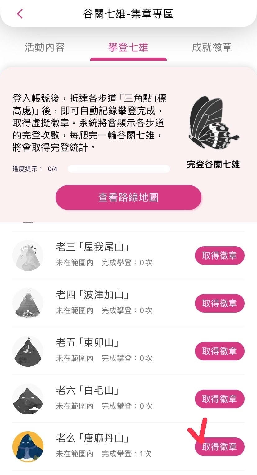 唐麻丹山登山路程紀錄、取得徽章